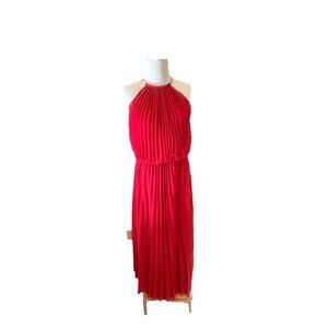Juno Maxi Dress Women Small Red Chiffon Pleated Metal Halter Neckline Sleeveless